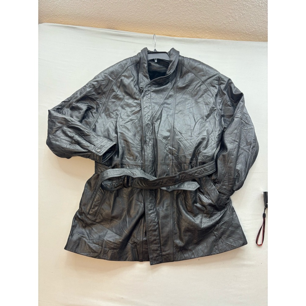 Lucky Leather Los Angeles Vintage Black Leather Belted Trench Coat Jacket Mens M